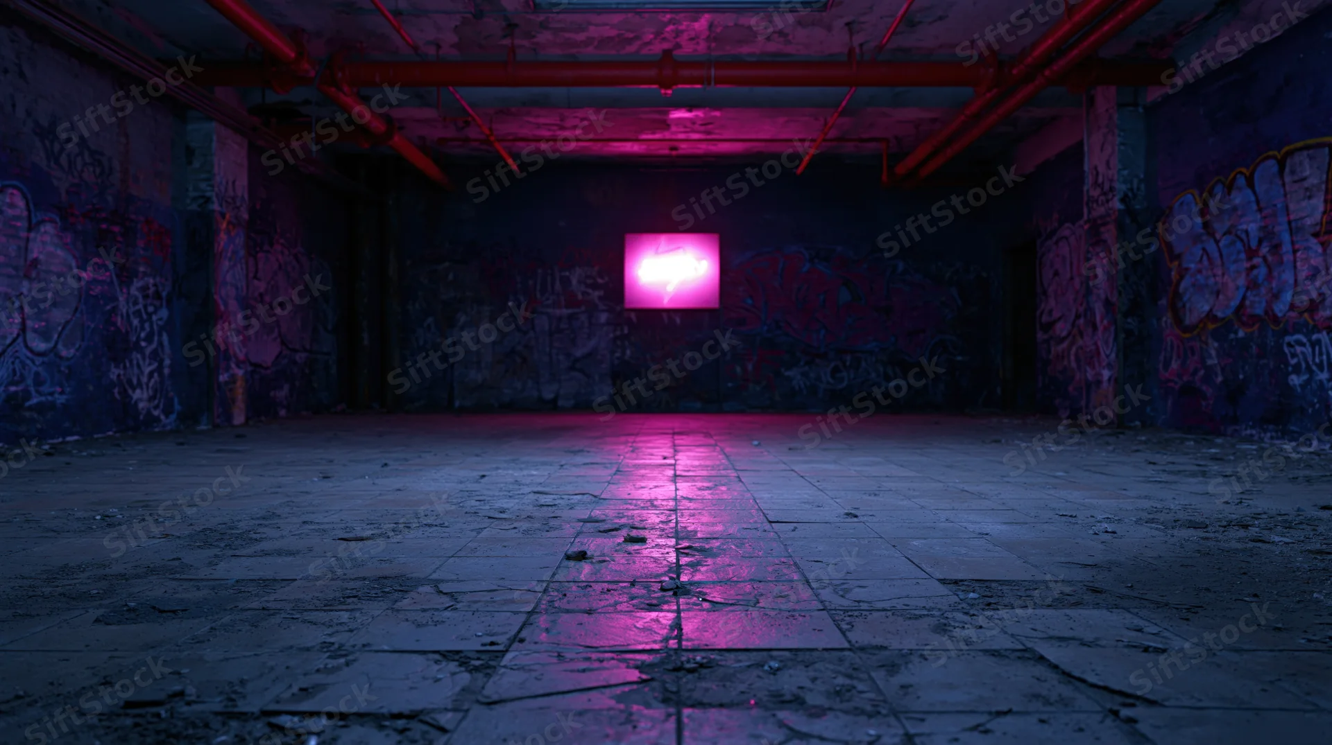 Abandoned underground room with pink neon light and graffiti on concrete walls