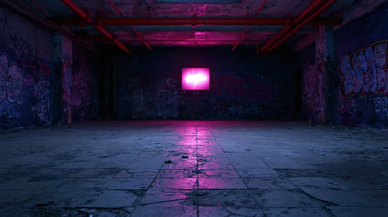 Abandoned underground room with pink neon light and graffiti on concrete walls