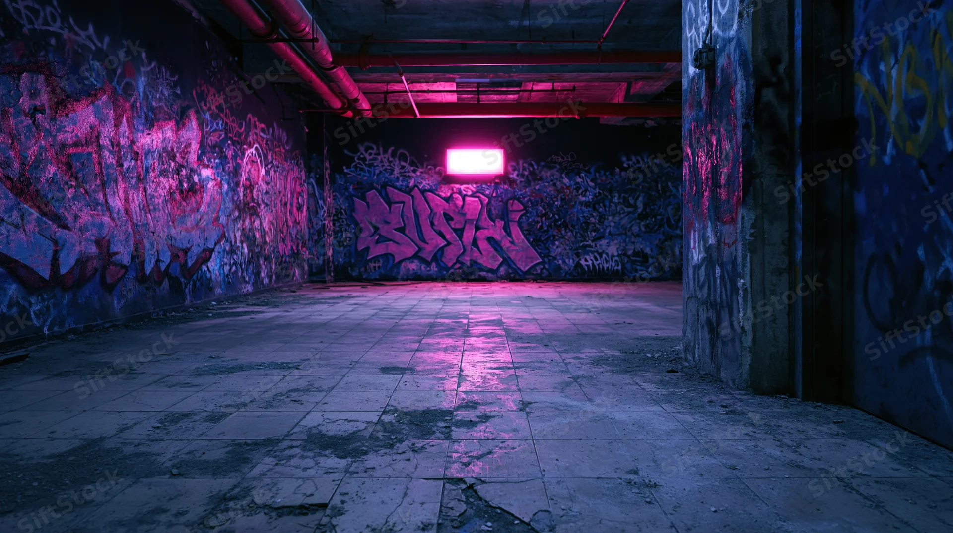 Graffiti-covered underground alley illuminated by pink neon light with cracked concrete floor and exposed pipes