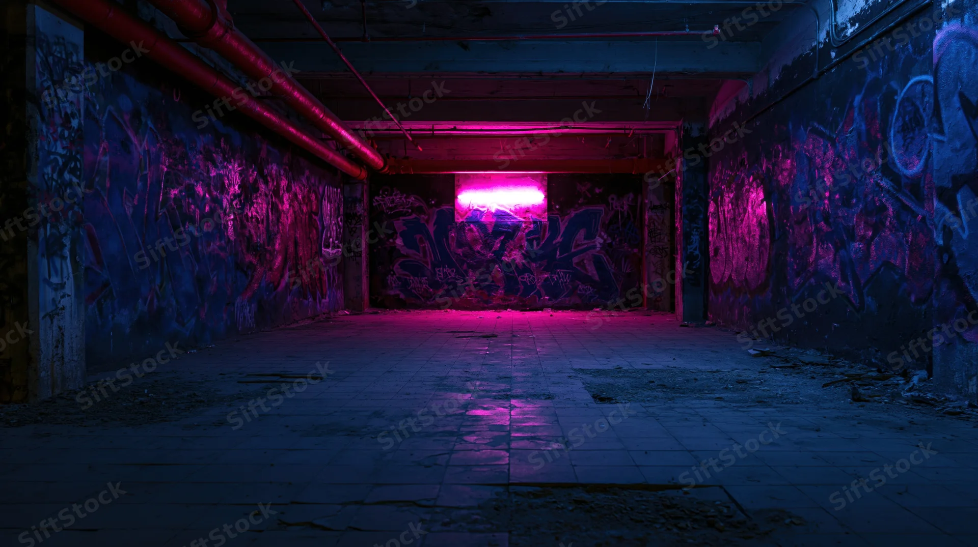 Graffiti-covered alley illuminated by pink neon light in an abandoned underground space