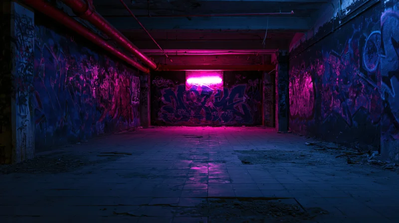 Graffiti-covered alley illuminated by pink neon light in an abandoned underground space