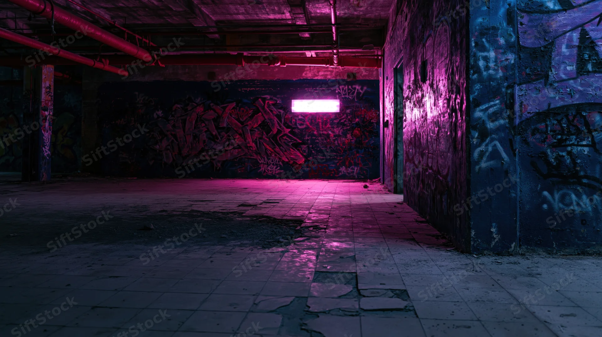 Graffiti-covered underground hallway with neon lighting and cracked tiles in an abandoned building