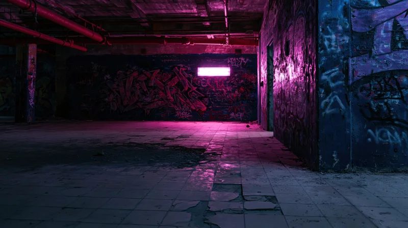 Graffiti-covered underground hallway with neon lighting and cracked tiles in an abandoned building