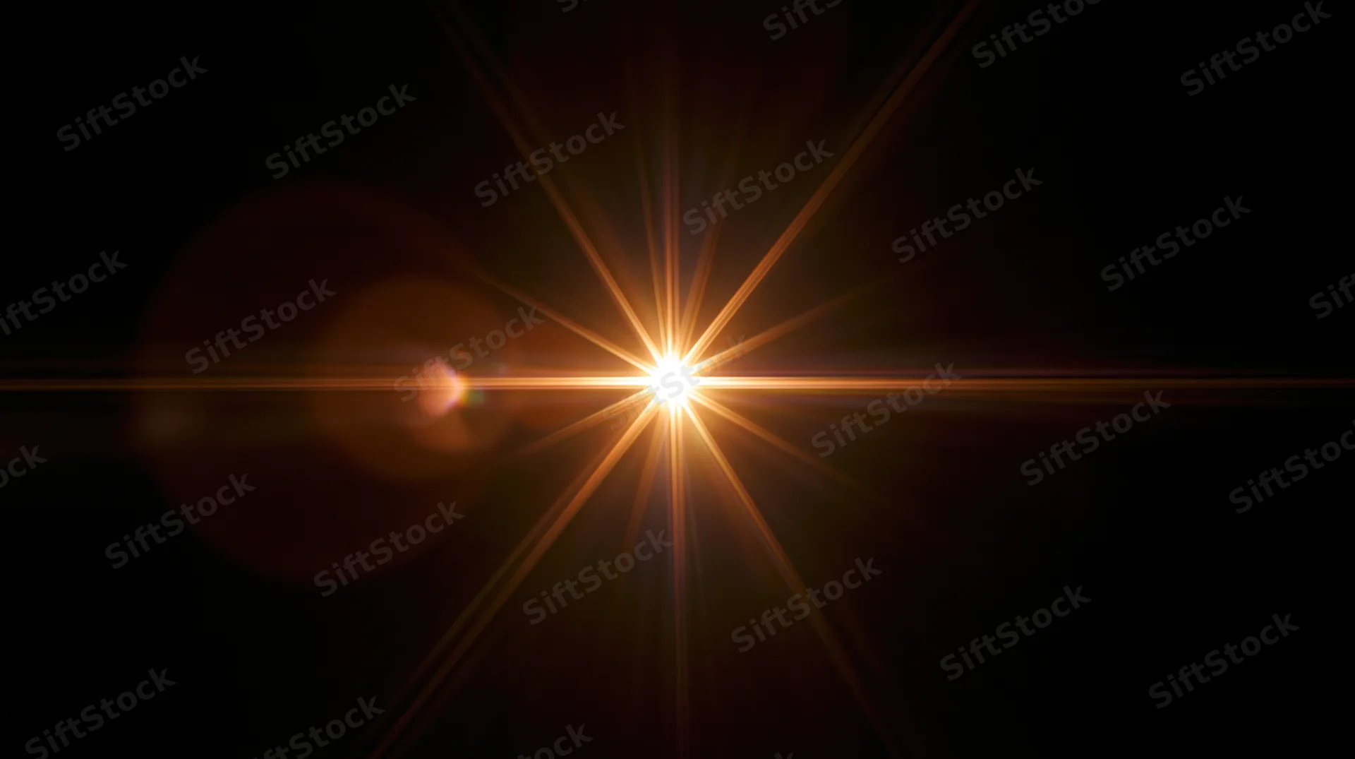 Bright starburst light effect radiating from center against dark background with lens flare and golden rays