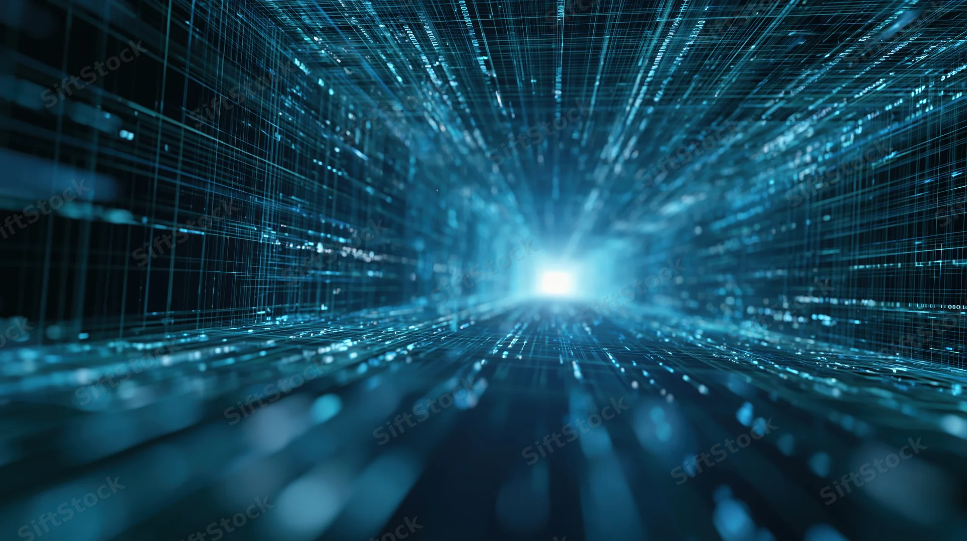 Digital tunnel of glowing data streams converging toward a bright light in a futuristic network environment