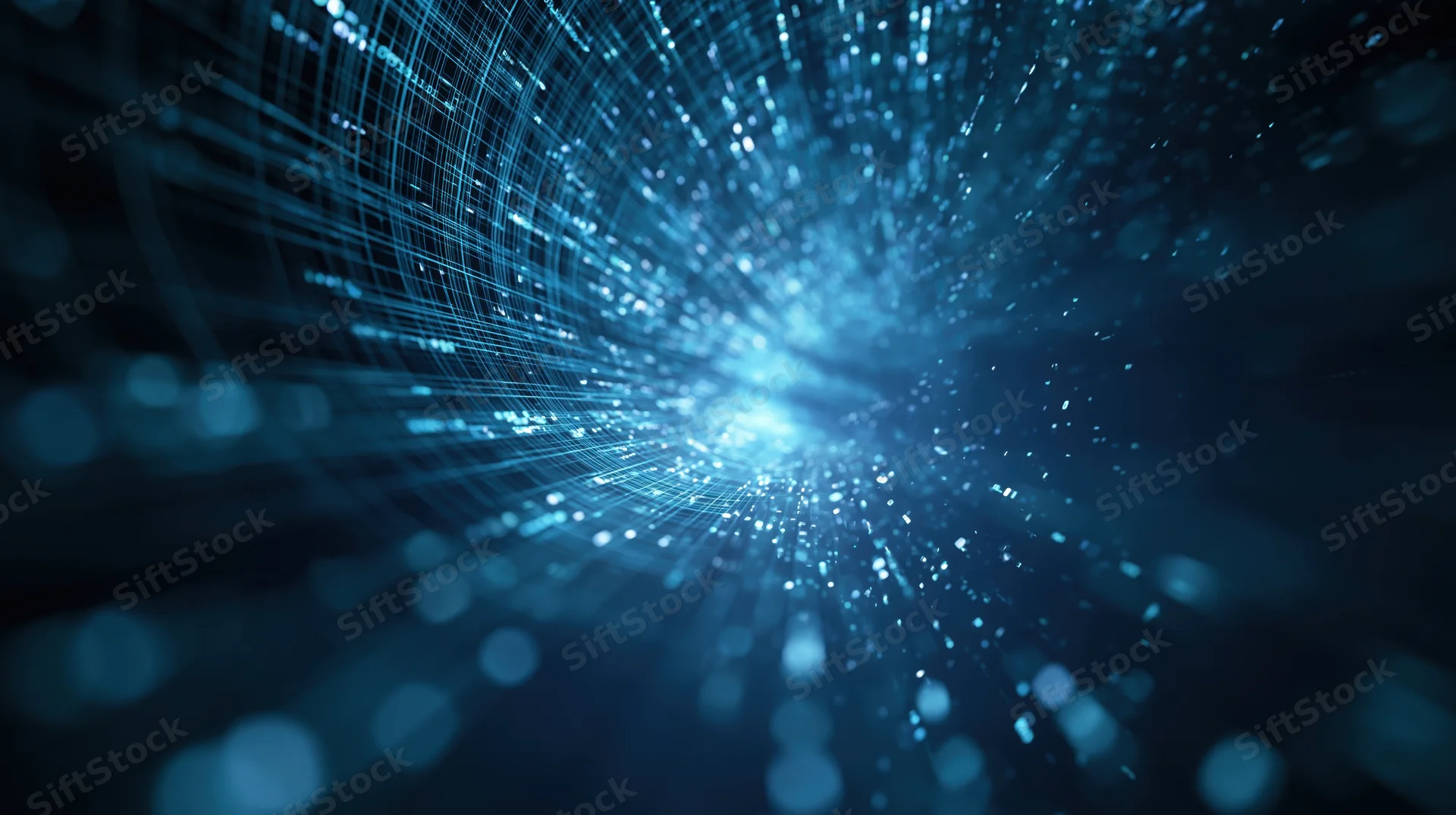 Digital network tunnel with glowing blue light streams converging into a bright focal point