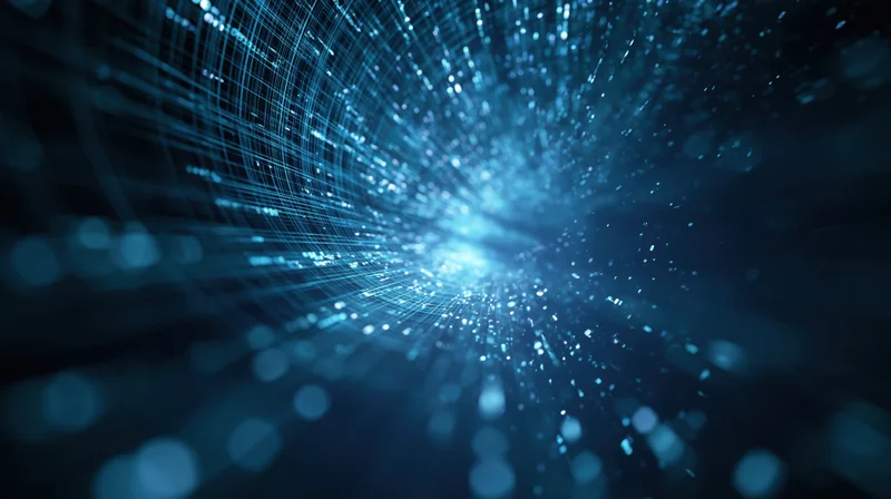Digital network tunnel with glowing blue light streams converging into a bright focal point