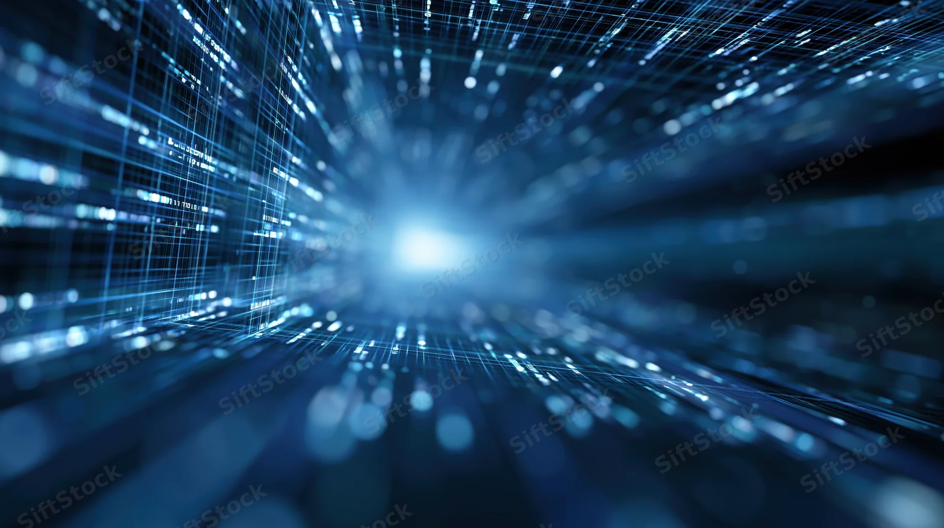 Digital data stream flowing through a glowing blue tunnel in cyberspace