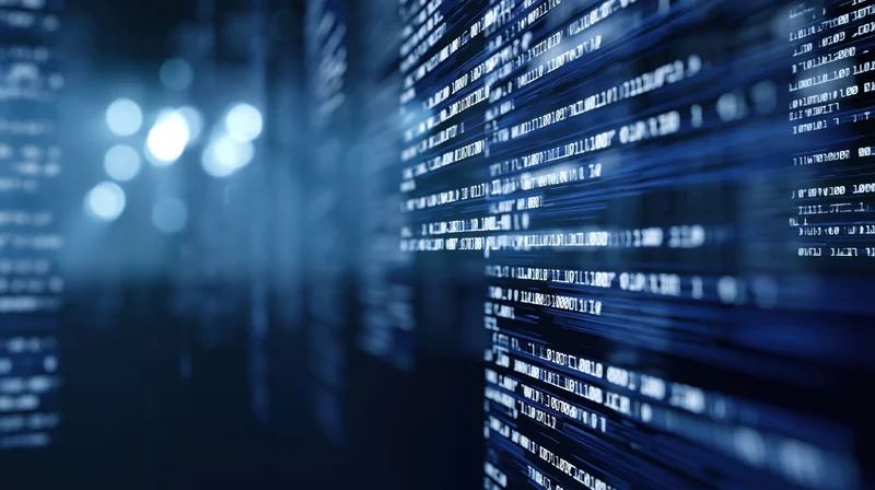Digital code streaming across a dark screen with blurred lights in the background