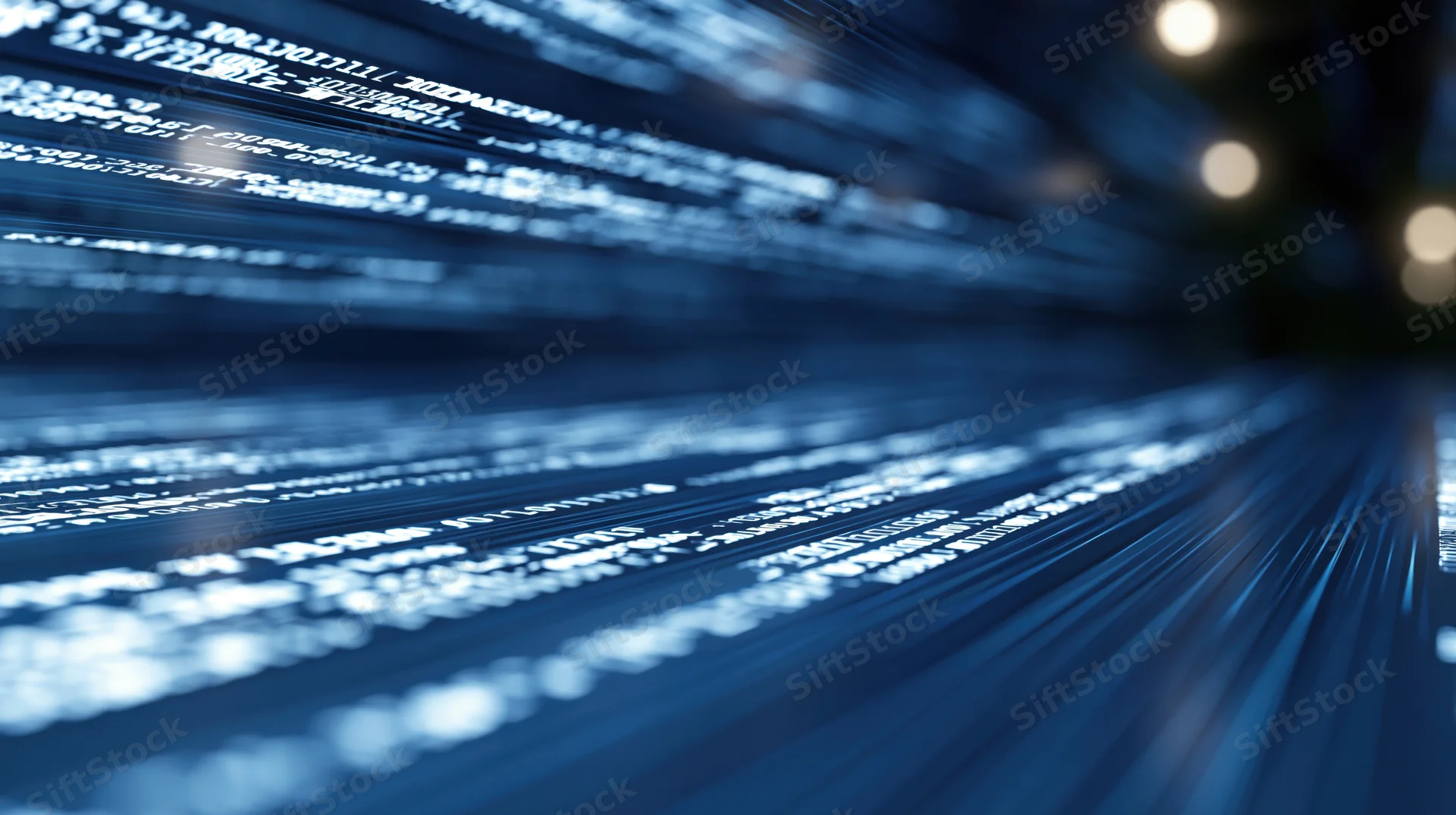 Digital data streams flowing through fiber optic cables in a dark server environment