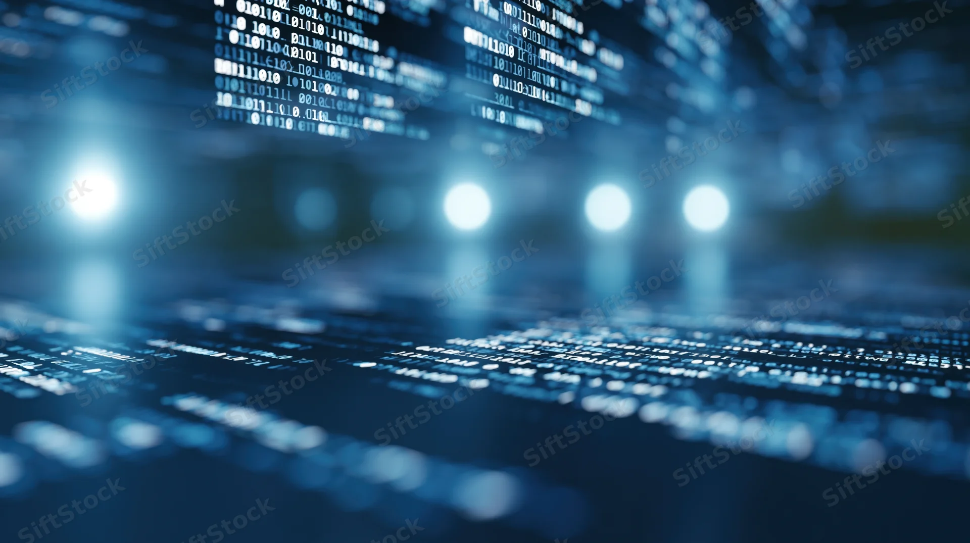 Digital data streams flowing across a glowing blue surface with bokeh lights in the background