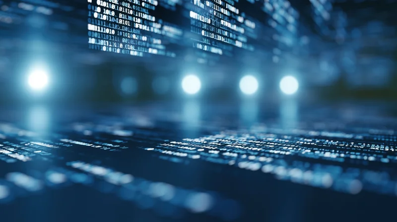 Digital data streams flowing across a glowing blue surface with bokeh lights in the background