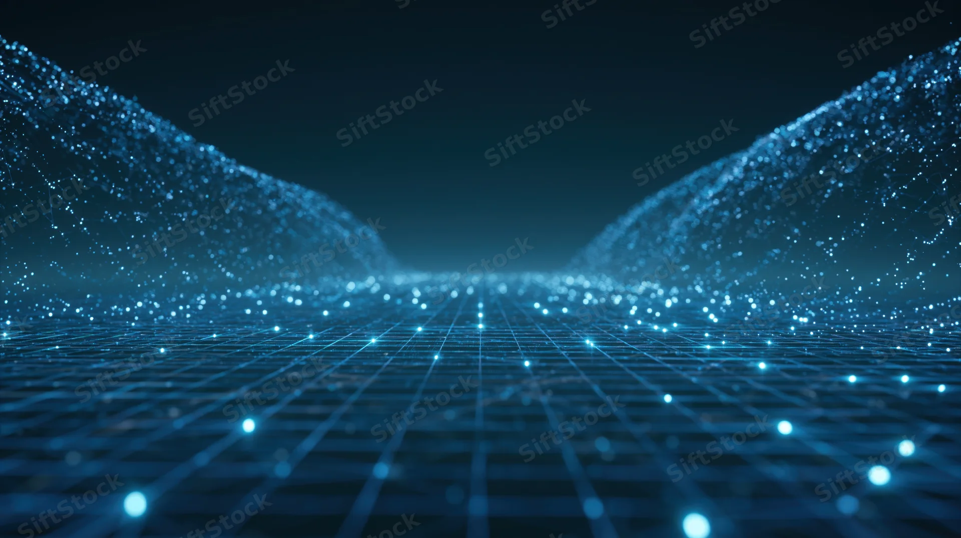 Glowing blue digital grid with particle waves forming a futuristic tunnel