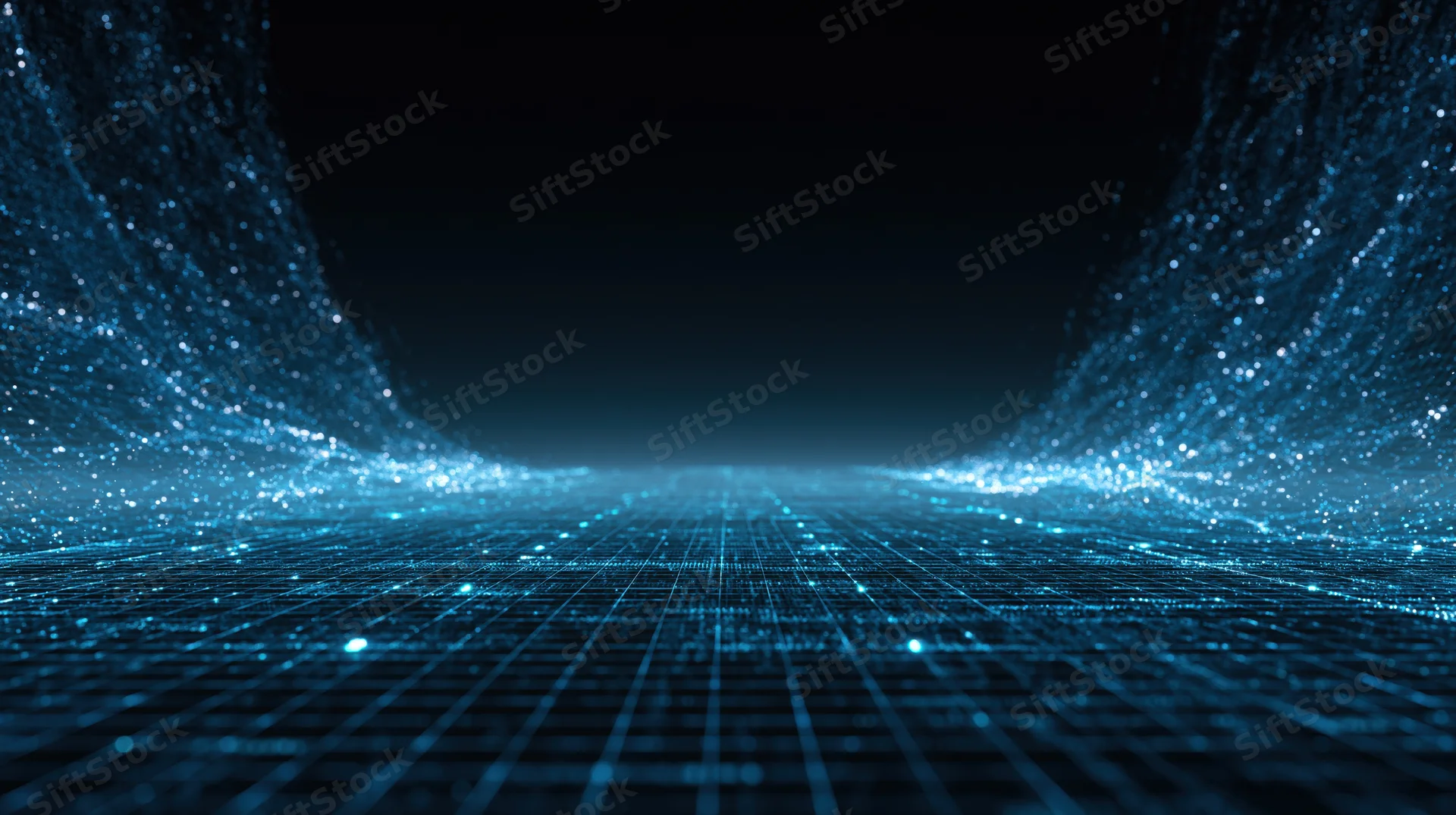 Glowing blue digital grid forming a tunnel with particle effects in a dark futuristic space