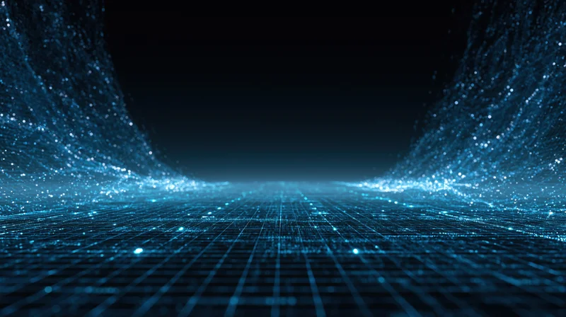 Glowing blue digital grid forming a tunnel with particle effects in a dark futuristic space