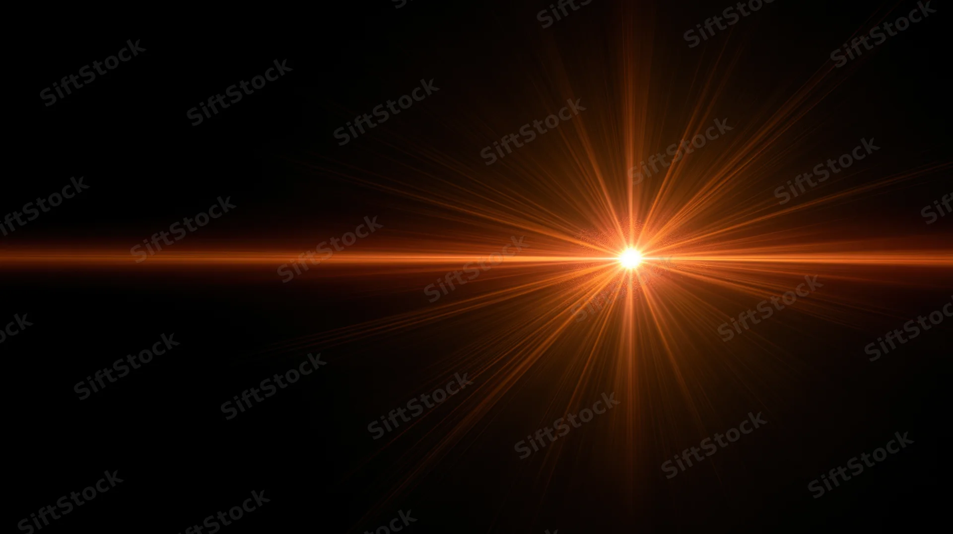 Bright orange light burst radiating from center against black background with horizontal beam and copyspace