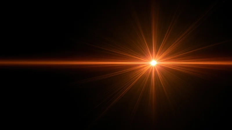 Bright orange light burst radiating from center against black background with horizontal beam and copyspace
