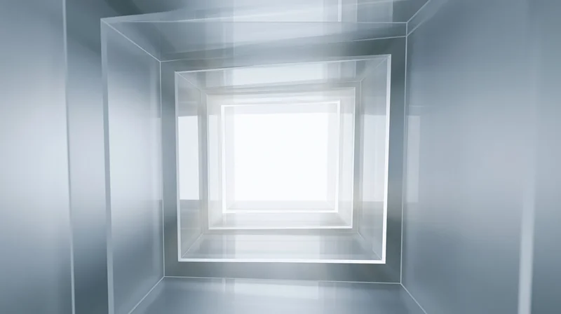 Square tunnel receding into white light with transparent walls and reflective surfaces