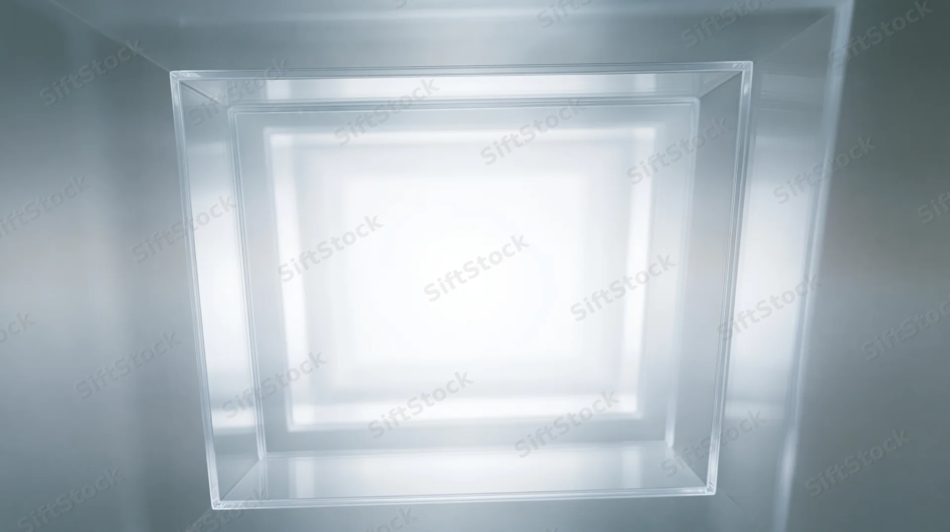 Transparent square tunnel receding into bright white light with reflective surfaces and geometric depth