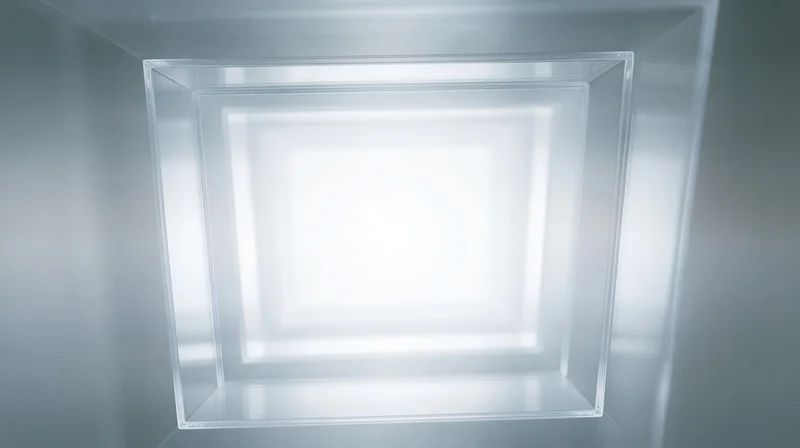 Transparent square tunnel receding into bright white light with reflective surfaces and geometric depth