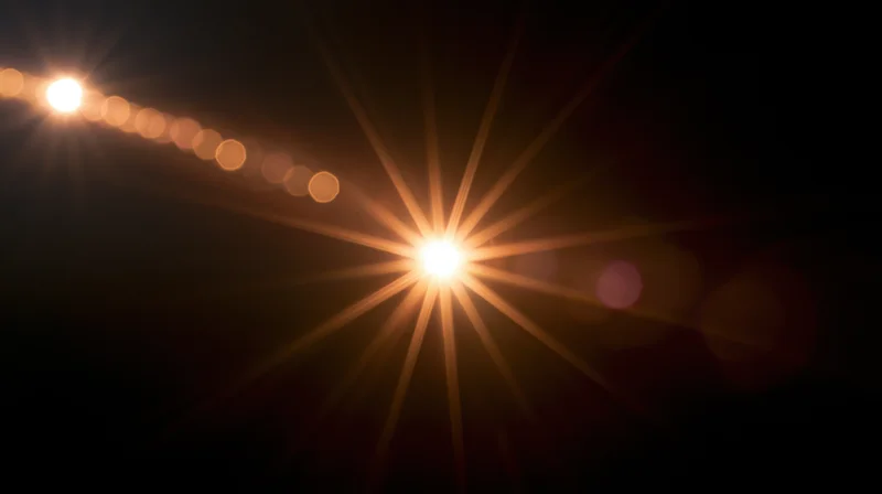 Bright light source creating starburst flare and bokeh circles against dark background
