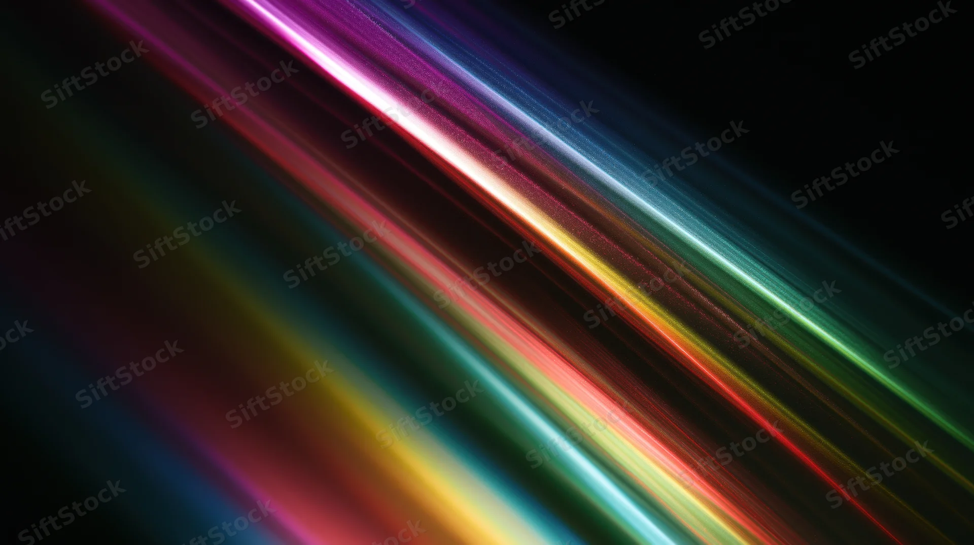 Diagonal streaks of vibrant rainbow light across a dark background