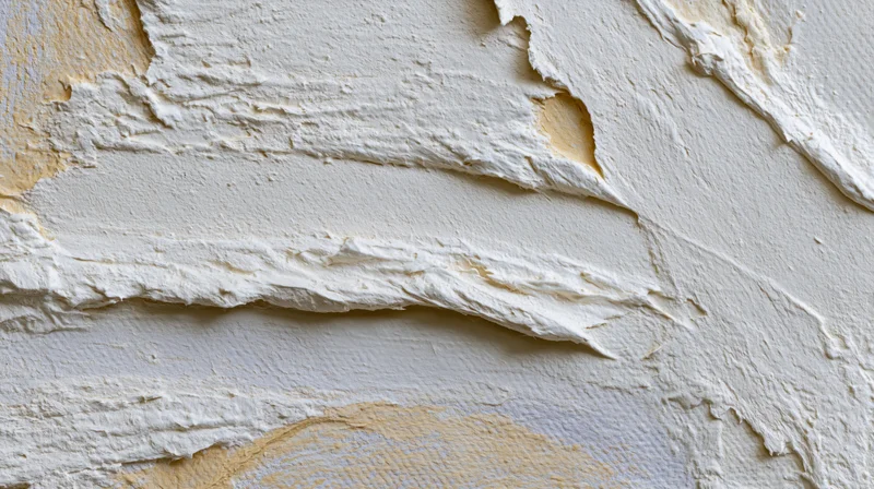 Damaged white plaster wall with peeling paint and repair patches showing beige underlayer