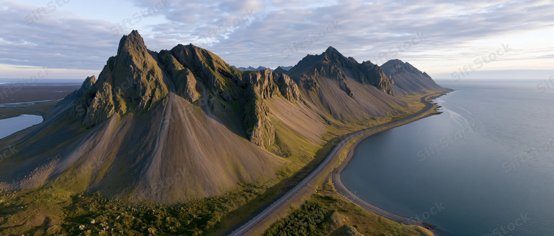 Rugged mountain peaks along a coastal road in Norway at sunset
