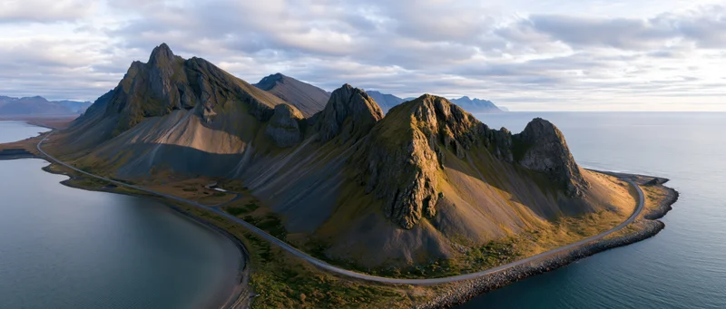 Rugged mountain peaks along a winding coastal road in Norway
