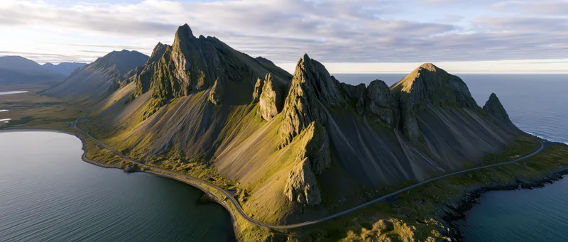 Rugged mountain peaks along a winding coastal road by the sea at sunset