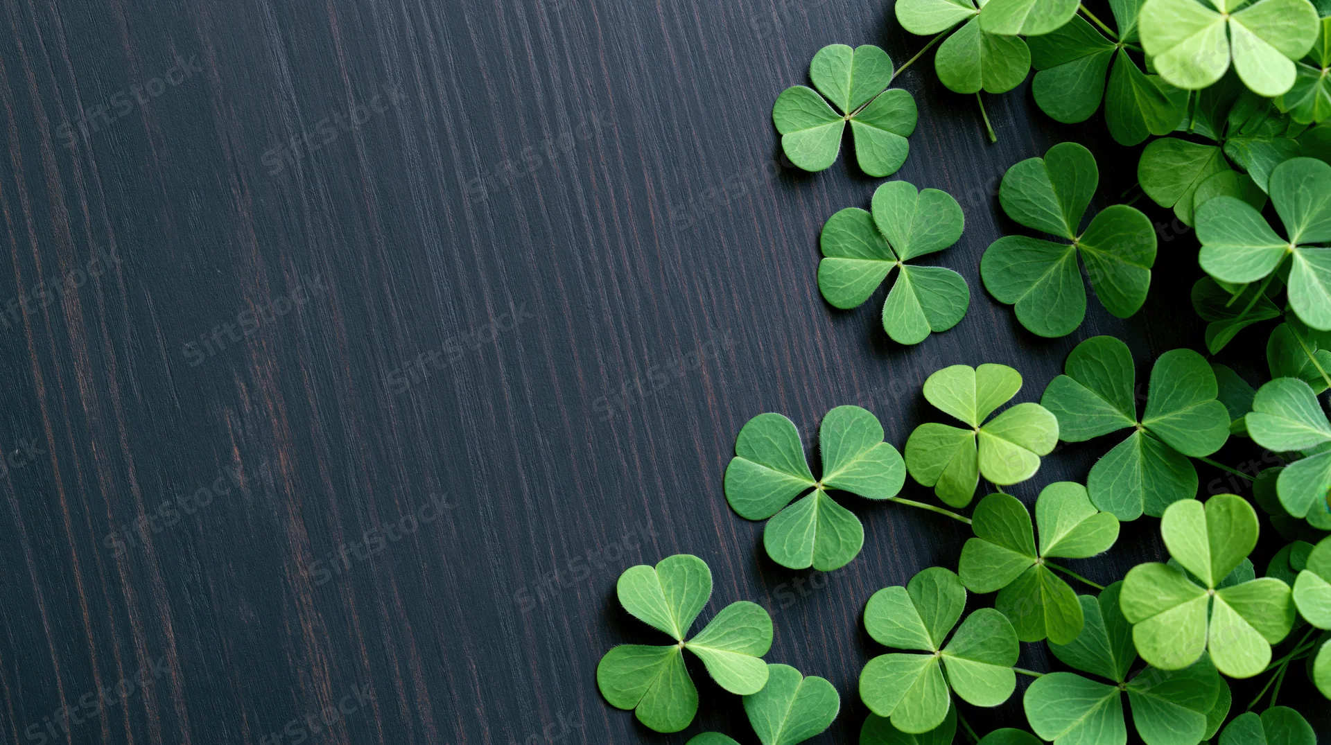 Four-leaf clovers arranged on dark wooden surface with copyspace