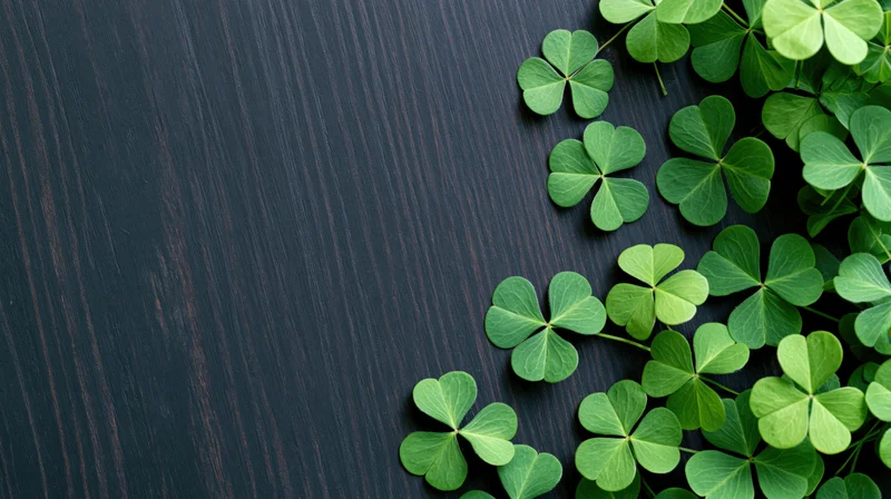 Four-leaf clovers arranged on dark wooden surface with copyspace
