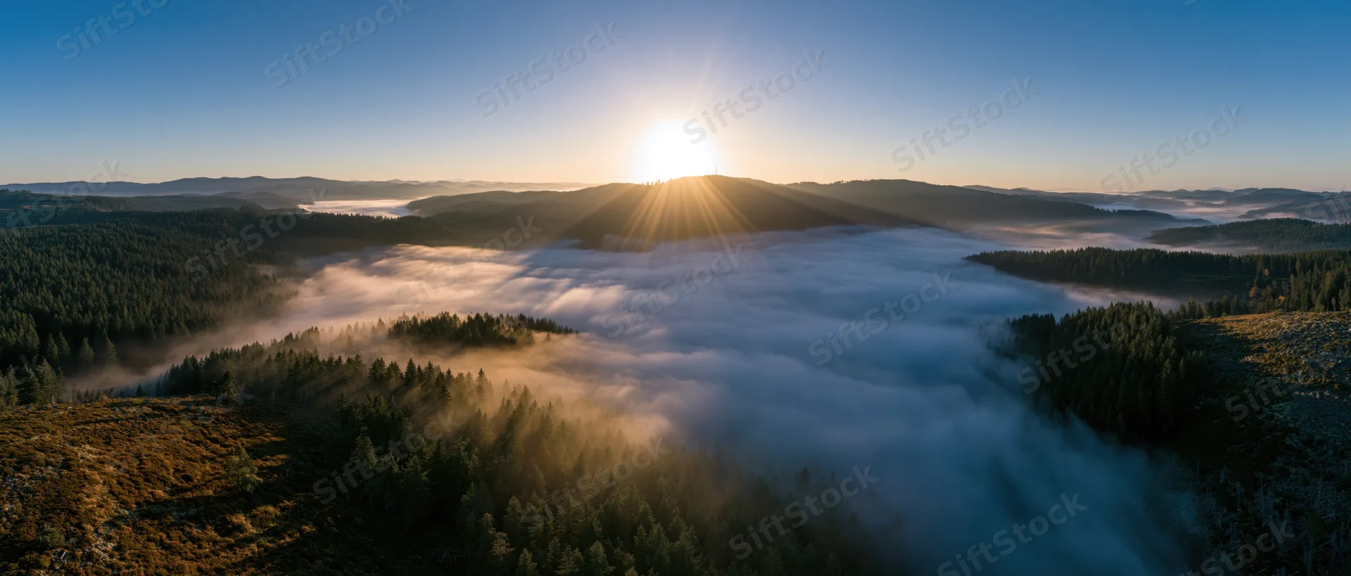 Sunrise over mountain valley with fog covering forested landscape