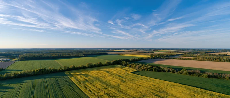 Aerial view of cultivated farmland with green and yellow crops under a blue sky with wispy clouds