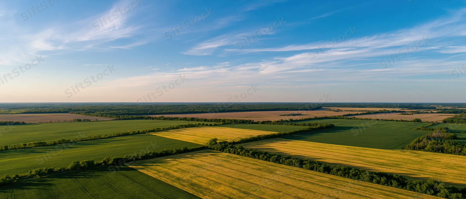 Aerial view of cultivated farmland with green and golden fields separated by hedgerows under a blue sky with wispy clouds