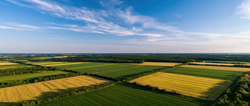Aerial view of cultivated fields with green and golden crops under a blue sky with wispy clouds