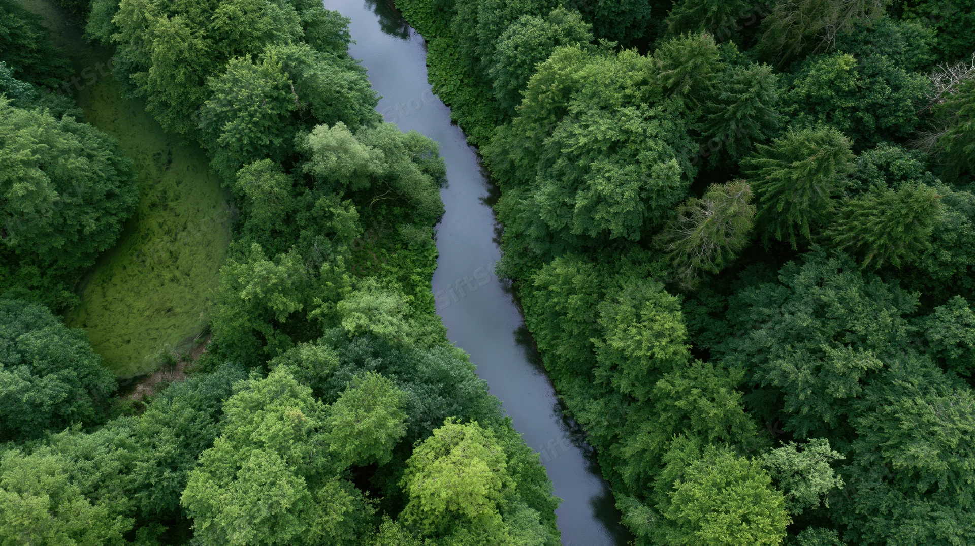 Aerial view of a winding river flowing through dense green forest canopy