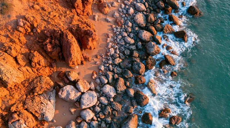 Aerial view of rocky coastline with waves crashing against orange cliffs and sandy beach