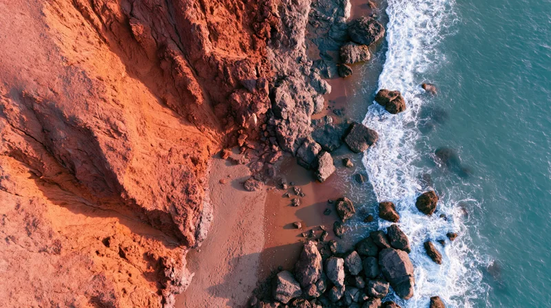 Red cliffs meeting turquoise ocean with waves crashing on rocky shore from aerial view