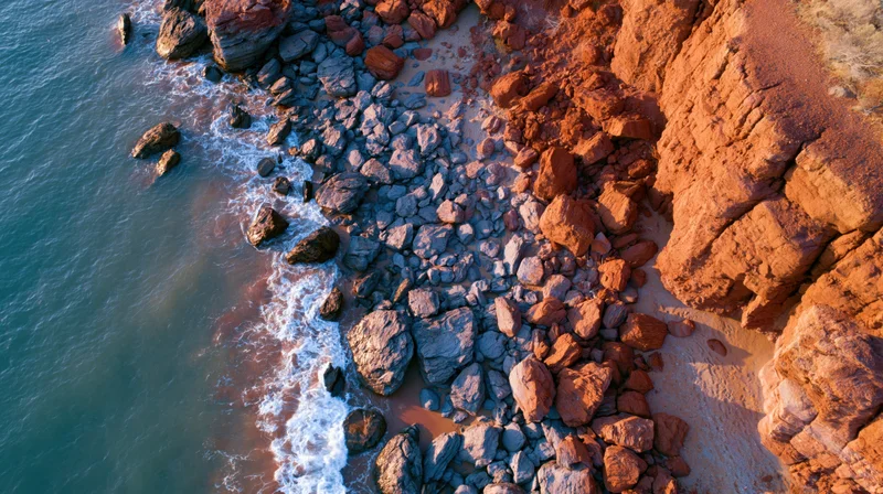 Aerial view of rocky coastline with waves crashing against red sandstone cliffs and scattered boulders along the shore