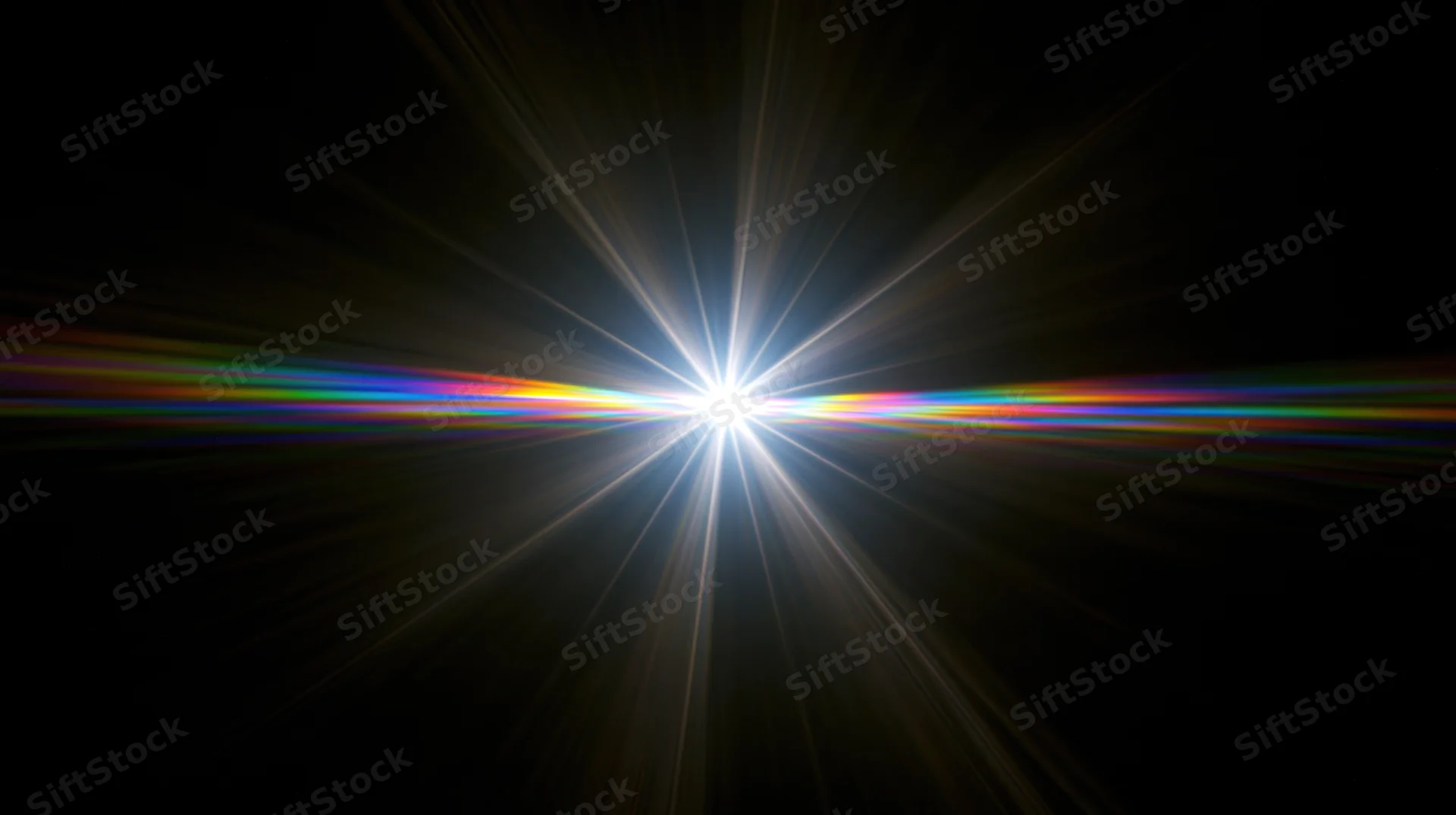 Bright white light burst with rainbow spectrum radiating outward in dark space