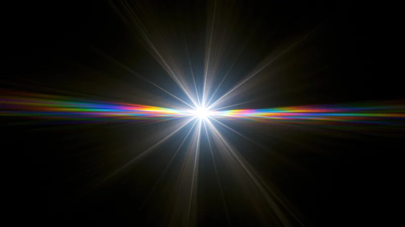 Bright white light burst with rainbow spectrum radiating outward in dark space
