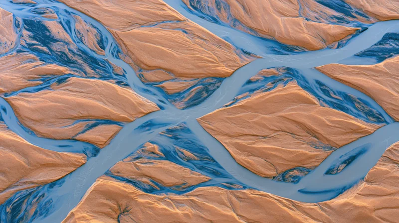 Aerial view of a branching river system flowing through arid terrain with blue water and orange earth