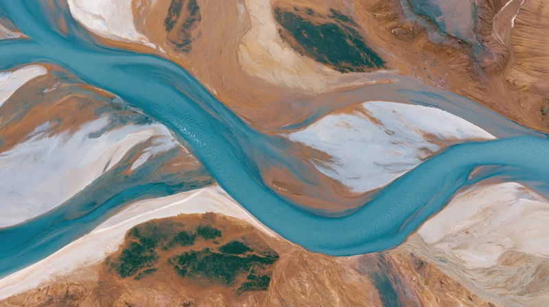 Winding blue river flowing through arid desert terrain with snow patches and rocky formations viewed from above