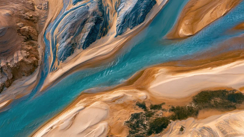 Aerial view of a meandering river cutting through arid desert terrain with blue water and sandstone formations