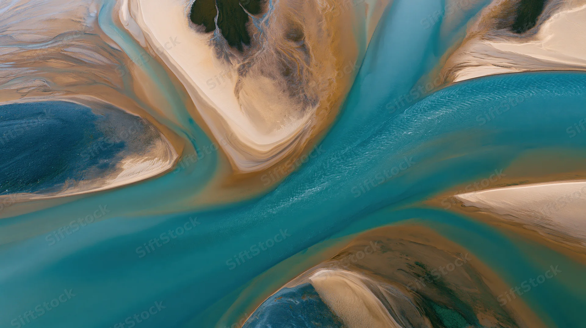 Aerial view of a winding blue river flowing through sandy desert terrain