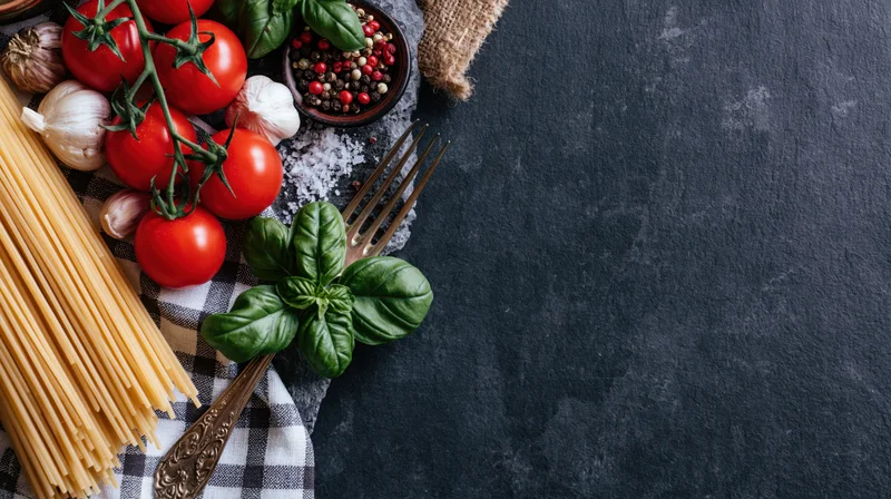 Spaghetti and fresh ingredients arranged on a dark stone surface with copyspace