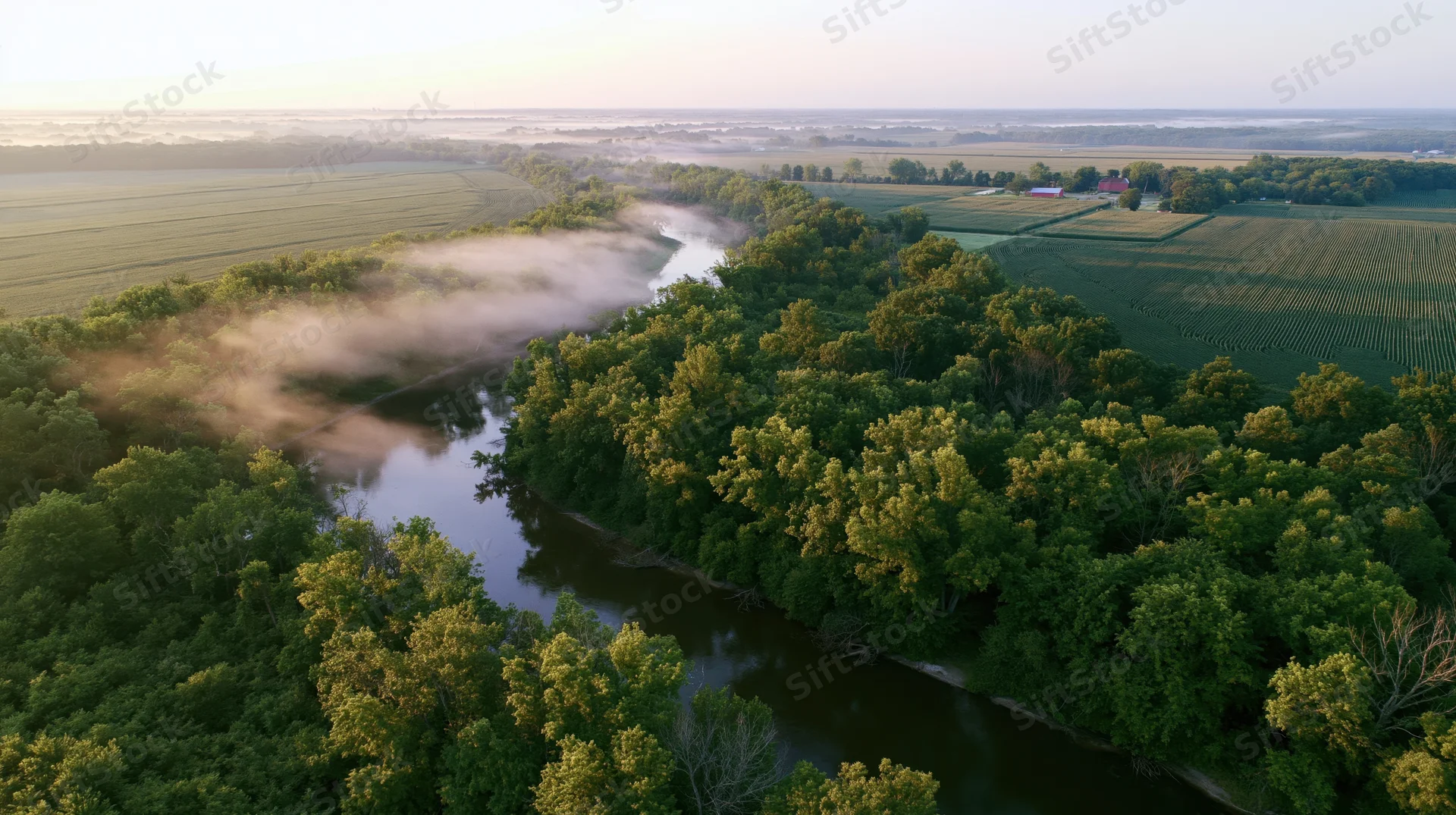 River winding through dense forest and farmland at sunrise with morning fog hovering over the water and fields