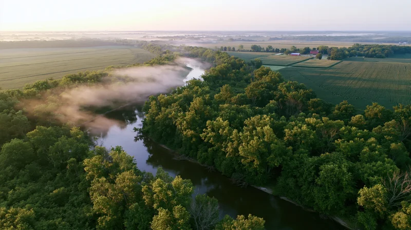River winding through dense forest and farmland at sunrise with morning fog hovering over the water and fields