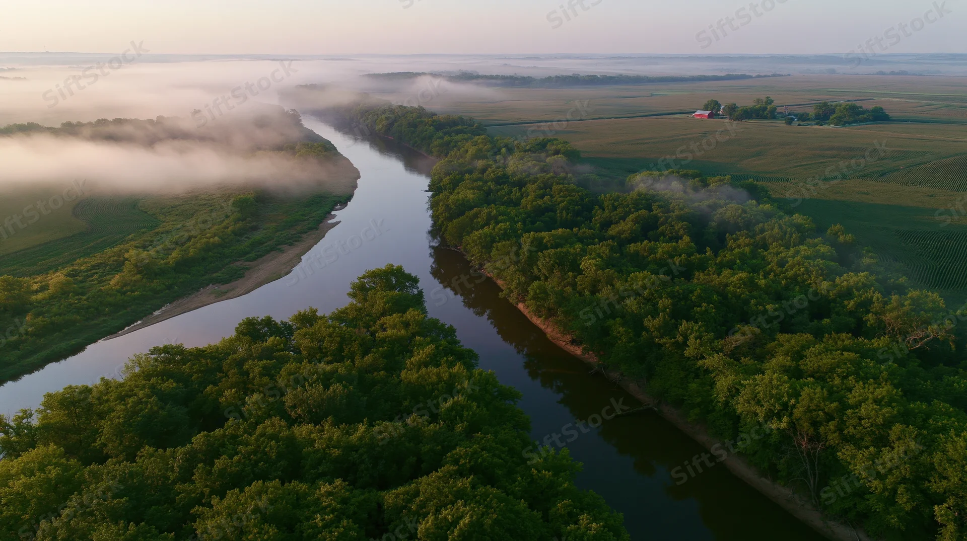 Aerial view of a winding river through green forest and farmland at sunrise with morning fog